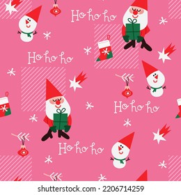 New Year vector pattern with Santa. snowmen, snowflakes, socks, christmas tree balls. Winter festive background for print, wrapping paper, textile, etc. Cute Christmas seamless pattern.