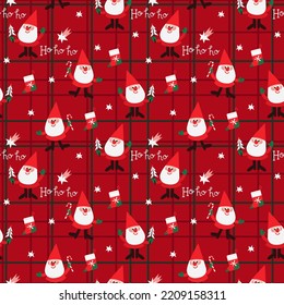 New Year vector pattern with Santa, stars, socks, christmas tree and ho-ho-ho. Winter festive background for print, wrapping paper, textile, etc. Cute Christmas seamless pattern with gnome in red hat.