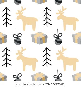 new year vector pattern. yellow deer, fir tree, christmas ball and gift in monochrome colors.