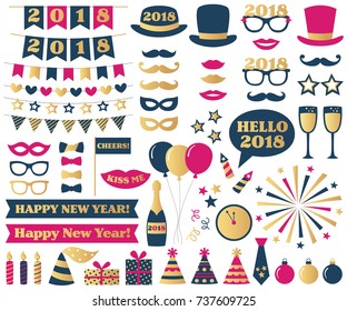 New Year vector photo booth props and design elements set