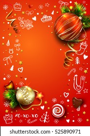 New Year vector poster with realistic fir tree, balls, decorations and hand drawn Christmas elements. Rooster. 3D. Place for text. Red winter background.