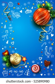 New Year vector poster with realistic fir tree, balls, decorations and hand drawn Christmas elements. Rooster. 3D. Place for text. Blue winter background.