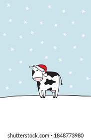 New year vector print for postcard. Cow and snow