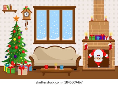 New year vector room with decorations, Christmas tree and Santa in the fireplace. Humor illustration on the theme of new year and Christmas.