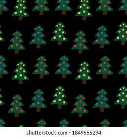 New Year vector seamless pattern with decorated Christmas trees on a black background