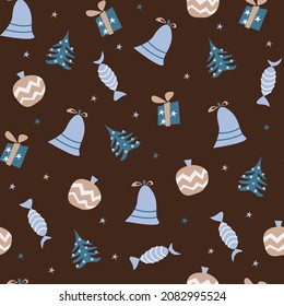 New Year vector seamless pattern. Flat Christmas elements isolated on brown background.