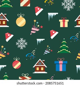 New Year vector seamless pattern, festive colorful objects on a green background, flat style illustration, packaging paper design.