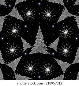 New year vector seamless pattern with Christmas trees and snowflakes