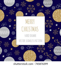 New Year vector seamless pattern with Christmas  balls, snowflakes and stars. Beautiful background for festive wrapping paper