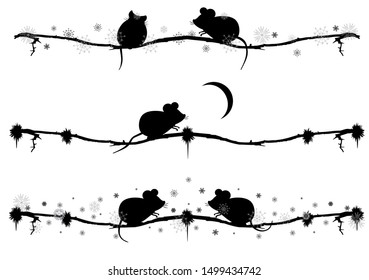 New Year vector set of dividers with rats or mouses and snowflakes in black and white colors