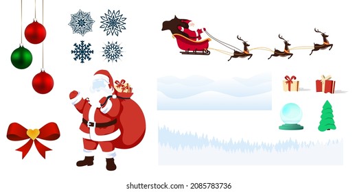 New year vector set. Icons for Christmas image decoration. Santa Claus, snowflakes, Christmas tree, ribbon