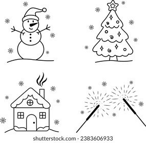 Un vector de Año Nuevo con un muñeco de nieve, un árbol de Navidad, una casa y chispas.  Ilustración vectorial para el nuevo año.