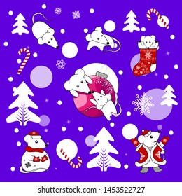 New year vector set. Winter fun white mice. Collected mice in different poses and holiday attributes, from which you can collect your holiday composition on a postcard or make your own illustration.