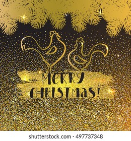 New Year vector shiny golden card with fiery rooster. Christmas glowing  background with glitter.