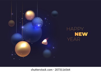 New year vector template with golden and dark balls and snowflakes and shine on the black background