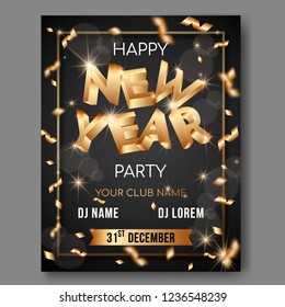 New Year vector text poster on black background with golden 3D letters,lens flares,confetti,glowing stars,light flashes,highlight circles,greeting card,web online concept for party, event, invitation