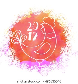 New Year vector watercolor card with fiery rooster. Orange Christmas background.