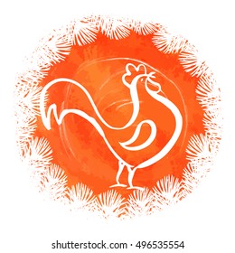 New Year vector watercolor card with fiery rooster. Orange Christmas background.
