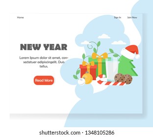 New Year vector website template, web page and landing page design for website and mobile site development. Santa hat, gift boxes, glass of milk with cookies, candy cane, christmas tree and balls.