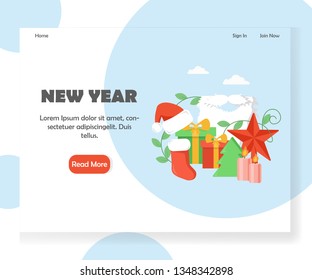 New Year vector website template, web page and landing page design for website and mobile site development. Santa hat, beard and mustache, gift boxes, christmas stocking, tree, candles, star.