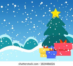 New year vector winter landscape with a Christmas tree. Cute cartoon illustration. Christmas tree with gifts