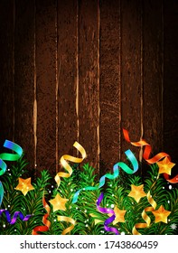 New year vertical background of beautiful Christmas decorations and fir branches on a vintage wooden background. Vector illustration