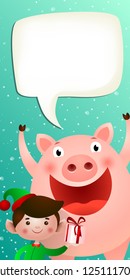 New Year vertical banner template. Cheerful pig, elf holding gift, blank speech bubble and snowfall in background. Festive design can be used for greeting cards, flyers, posters
