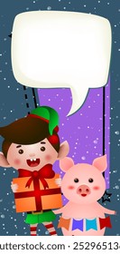 Vertikale Silvester-Banner-Vorlage. Nettes kleines Schwein, Elf, das Geschenk hält und leere Sprechblase. Festliches Design kann für Grußkarten, Flyer, Poster verwendet werden