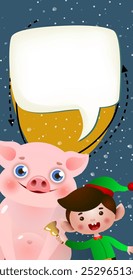 New Year vertical banner template. Cute piggy, elf ringing bell, blank speech bubble and snowfall. Festive design can be used for greeting cards, flyers, posters