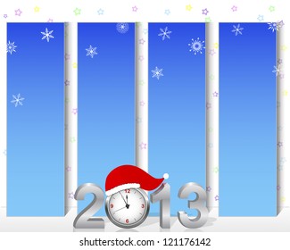 New Year. Vertical billboards with silver 3d 2013 with the clock in the hat of Santa. Vector illustration.