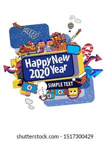 New year vertical icon with cartoon characters and the inscription happy new year 2020. Vector banner