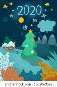 New Year vertical postcard with fir tree, village and mountains. 2020 greeting card. Winter landscape and decorated firtree. New Year or Christmas card template. Winter holiday vertical banner