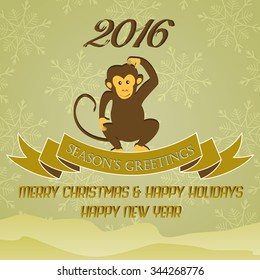 New Year vintage card with Monkey for year 2016