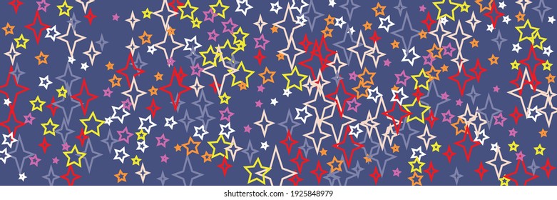 New Year Violet Orange Yellow Multicolor Vivid Vibrant Stars Ornament. Pink Red Chaotic Horizontal Print Stars Christmas Design Pic. Bright Holiday White Colorful Beige Purple Sky Background.