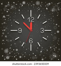 New Year wall clock time with shadow and snowfall on dark winter snow background