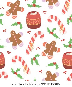 New year wallpaper with cartoon cocoa, candy and gingerbread man, holly on white background. Vector seamless Christmas pattern. Festive texture for backgrounds, fabrics and your creativity