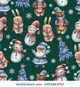 New Year, watercolor, Seamless pattern, Santa Claus, Christmas tree, Snowmen, bear, hare, Snowflakes, illustration, vector.
