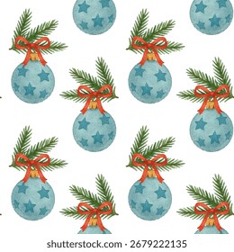 Ano Novo Watercolor padrão sem emenda, árvore de Natal, viburnum, brinquedo, fita, delicado estilo pintado à mão, bonito e decorativo, vetor, repetição sem emenda