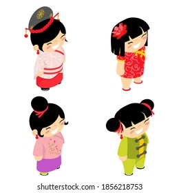 New year wear chinese girls design flat characters set vector illustration