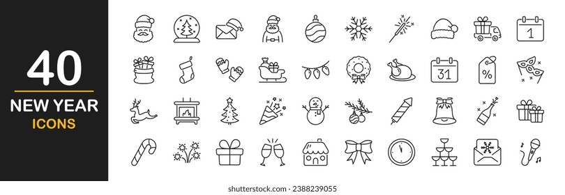 Juego de iconos web de año nuevo. Celebraciones de invierno - colección simple de iconos de línea delgada. Conteniendo fiesta, Navidad, Navidad, celebración, vacaciones, regalo, árbol de navidad, muñeco de nieve y más. Conjunto simple de iconos web