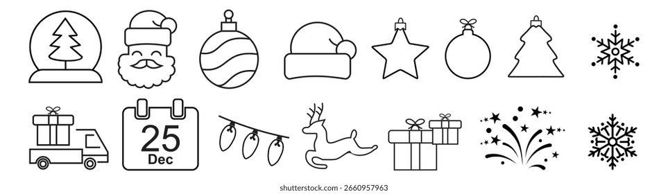 New year web icons set. Winter celebrations - simple thin line icons collection. Containing party, xmas, christmas, celebrate, holiday, gift, christmas tree, snowman and more. Simple web icons set