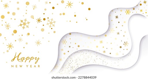 New year white backround. Winter holidays and Christmas. Golden patterns of snowflakes. Design element for greeting and invitation postcard. Certificate or coupon. Realistic vector illustration