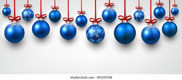 New Year white banner with blue Christmas balls. Vector illustration.