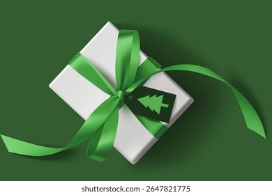 New year white gift box with green bow and label with Christmas fir shape on green background. Christmas and new year holiday decoration. Vector stock illustration. Not AI
