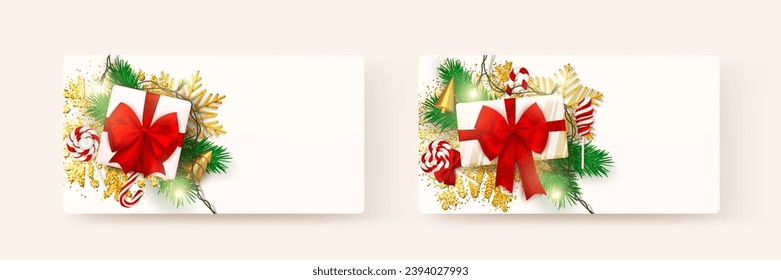 New year white gift card with red ribbon and bow, christmas decoration collection. Set of holiday present, birthday celebration surprise, sale coupon, empty mockup and copy space. Vector illustration