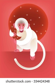 New Year white monkey with a bag of gifts on a pink background.