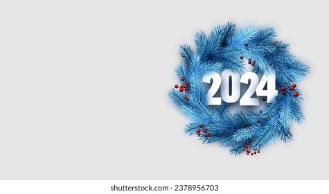 New Year white paper 2024 lettering on bright blue realistic fir branches and red berries. Round Christmas wreath. Vector illustration.