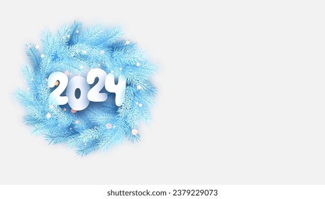 New Year white paper 2024 lettering on bright blue realistic fir branches and glittering sparkles. Round Christmas wreath. Vector illustration.