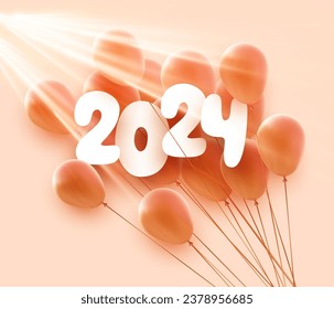 New Year white paper lettering with orange balloons and sunlight. Vector illustration.