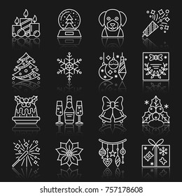 New Year white thin line reflection shadow icon set. Vector christmas flat style linear symbol pack. Outline sign without fill Simple pictogram graphic collection Web, logo, print, card, label design 